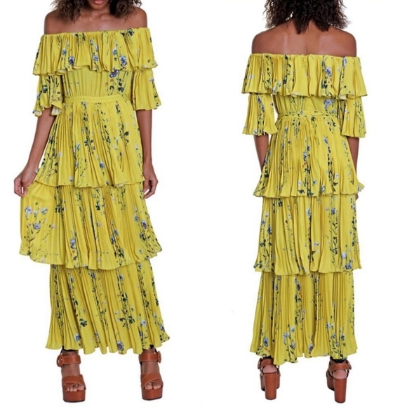 Aqua Pleated Tiered Floral Maxi Yellow Dress Size Large Bloomingdale’s Exclusive - Picture 3 of 5